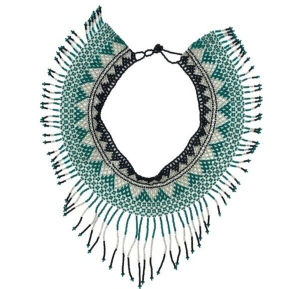 Mexican Handmade Glass Seed Beaded Fringe Collar Bib Necklace